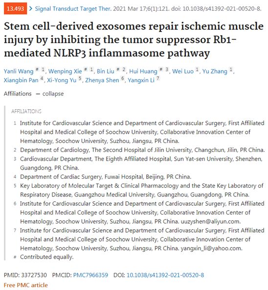 Nature子刊：我国科学家揭示干细胞衍生性外泌体修复缺血性肌肉损伤机制