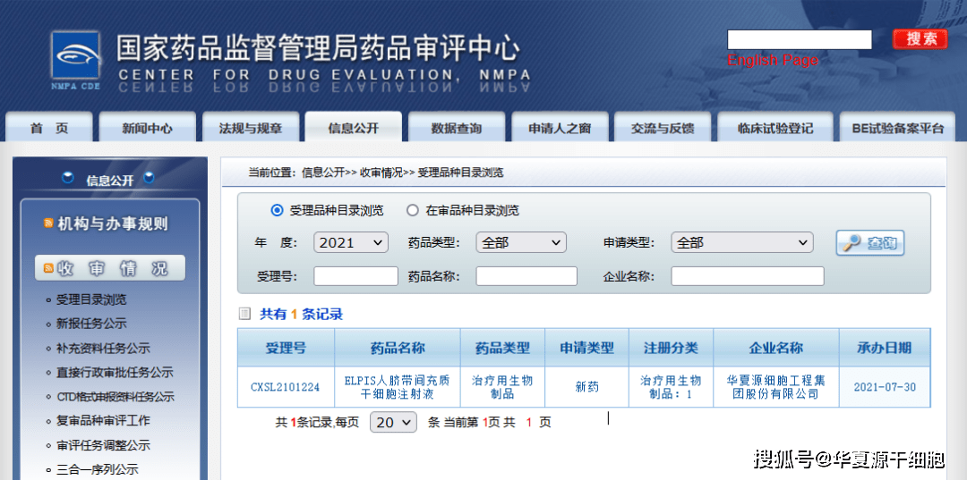 华夏源“ELPIS人脐带间充质干细胞注射液”获国家药品审评中心受理