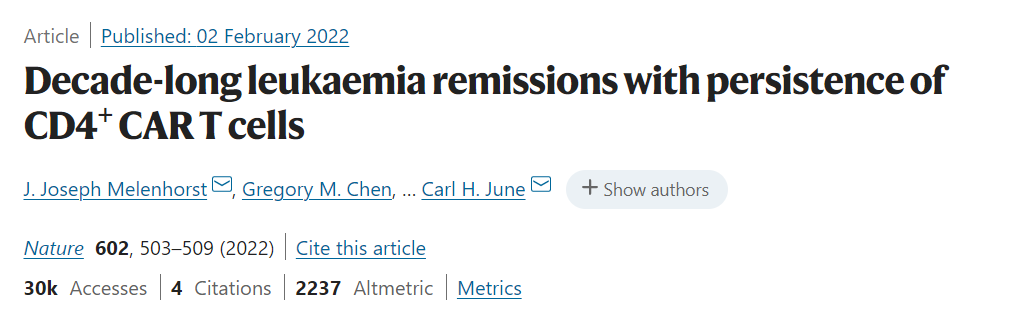 抗癌效果超10年！CAR-T之父最新论文揭示CAR-T长期有效的关键特征