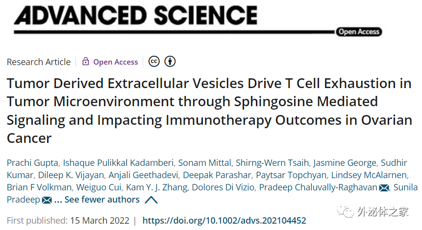 Adv Sci：肿瘤EVs通过鞘氨醇激酶驱动肿瘤微环境中的T细胞耗竭