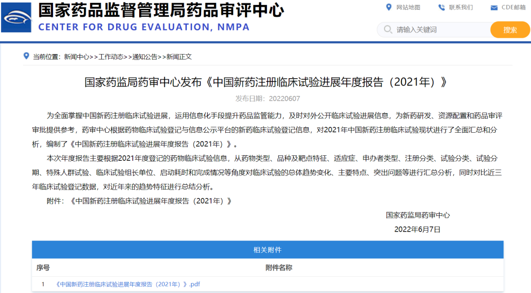 国家药监局药审中心发布《中国新药注册临床试验进展年度报告（2021年）》