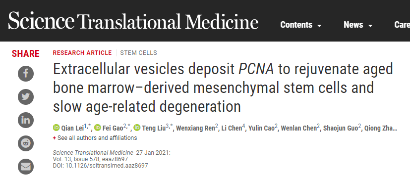 逆转衰老！《Science》发现干细胞外囊泡新作用！对骨骼、肾脏及血管等多器官的退行性变有显著影响