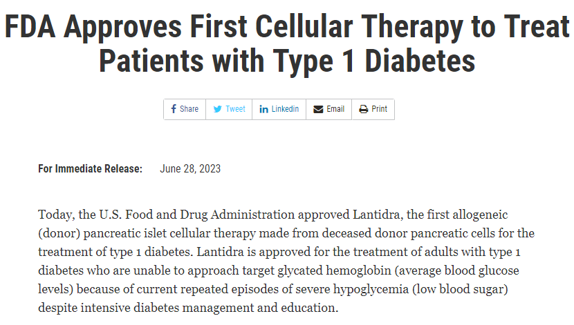 首款糖尿病细胞疗法获FDA批准上市！