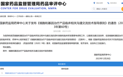 CDE：关于发布《细胞和基因治疗产品临床相关沟通交流技术指导原则》的通告